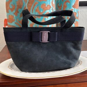 Salvatore Ferragamo Navy Blue Tote with Bow Accent